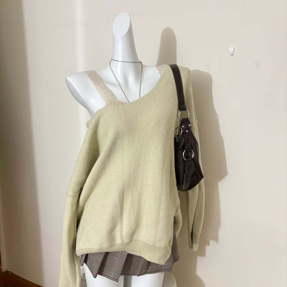 Free People V-Neck Sweater Sage Green Oversized Slouchy Knit